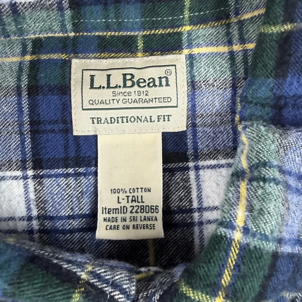L.L. Bean Flannel Shirt Men L-Tall Blue Green Plaid Traditional Fit 228066